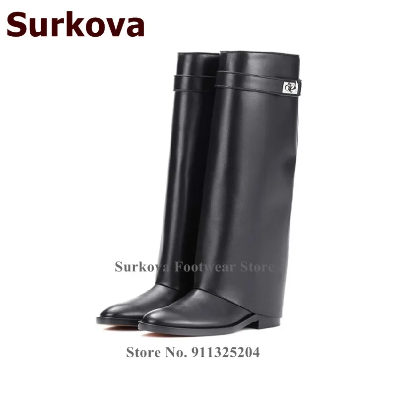 Surkova Shark Lock Low Heel Knee-High Boots Women Black Matte Leather Strap Turn Over Metal Decoration Dress Boots Chunky Heels