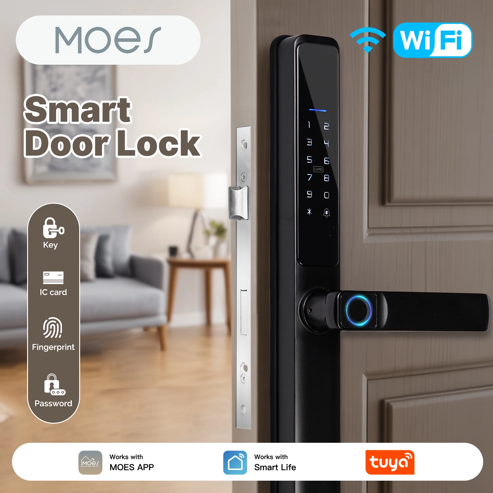 

MOES Tuya WiFi Smart Electronic Door Lock Indoor Remote Fingerprint Password IC Card Unlocking Battery Powered Hotel Apartment