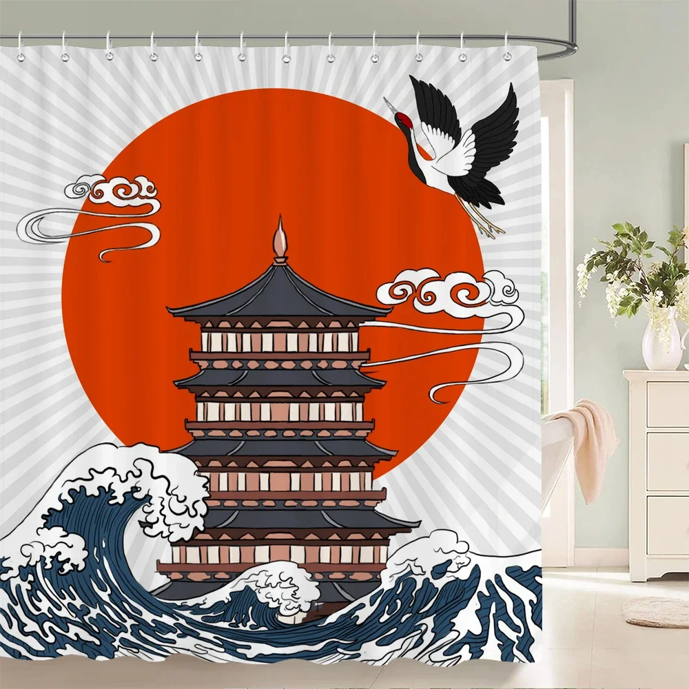 

Japanese style Shower Curtains with Hooks Home Decor for Ink painting landscape Bathroom Curtain Polyester Fabric Bath Curtain