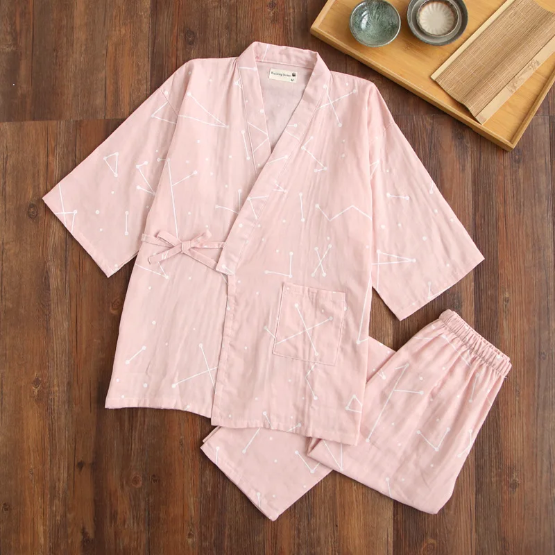 2023 new seven-sleeve Japanese-style kimono pajamas set female spring and autumn 100% cotton gauze home clothes cute sweet two-p