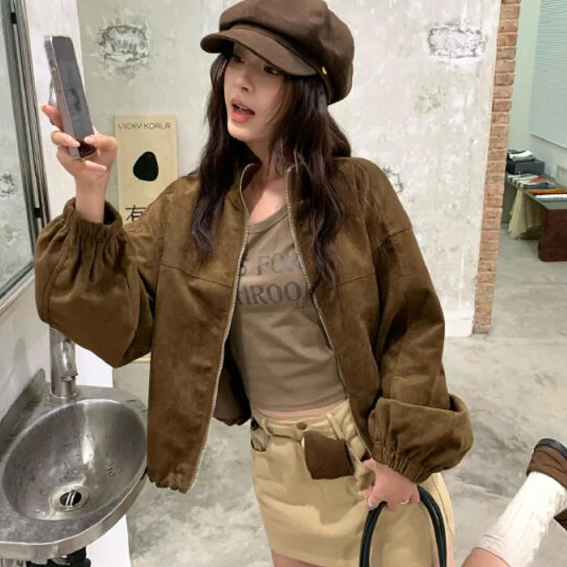 

Модная коричневая куртка для девочек, осень-зима, короткое пальто с воротником-стойкой в стиле ретро, женские минималистичные красивые темпераментные топы, оптовая продажа