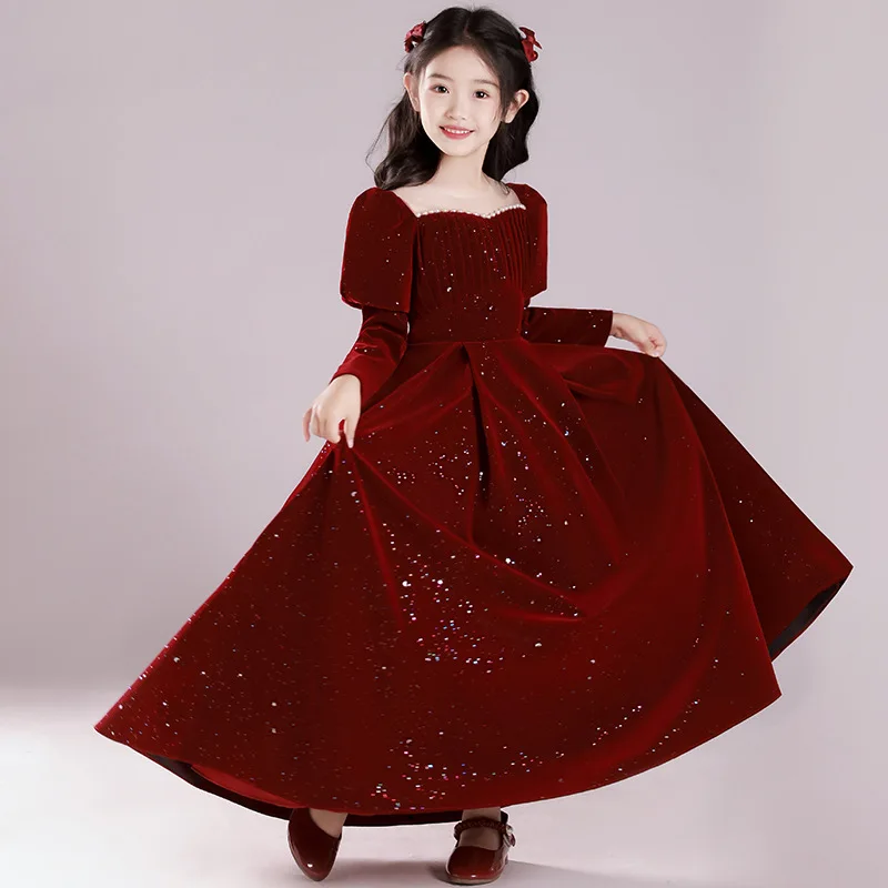 Teenmiro Hostess Costume for Children Girls Chinese New Year\'s Party Dress Infants Red Sequins Beading Ball Gown Teens Partywear