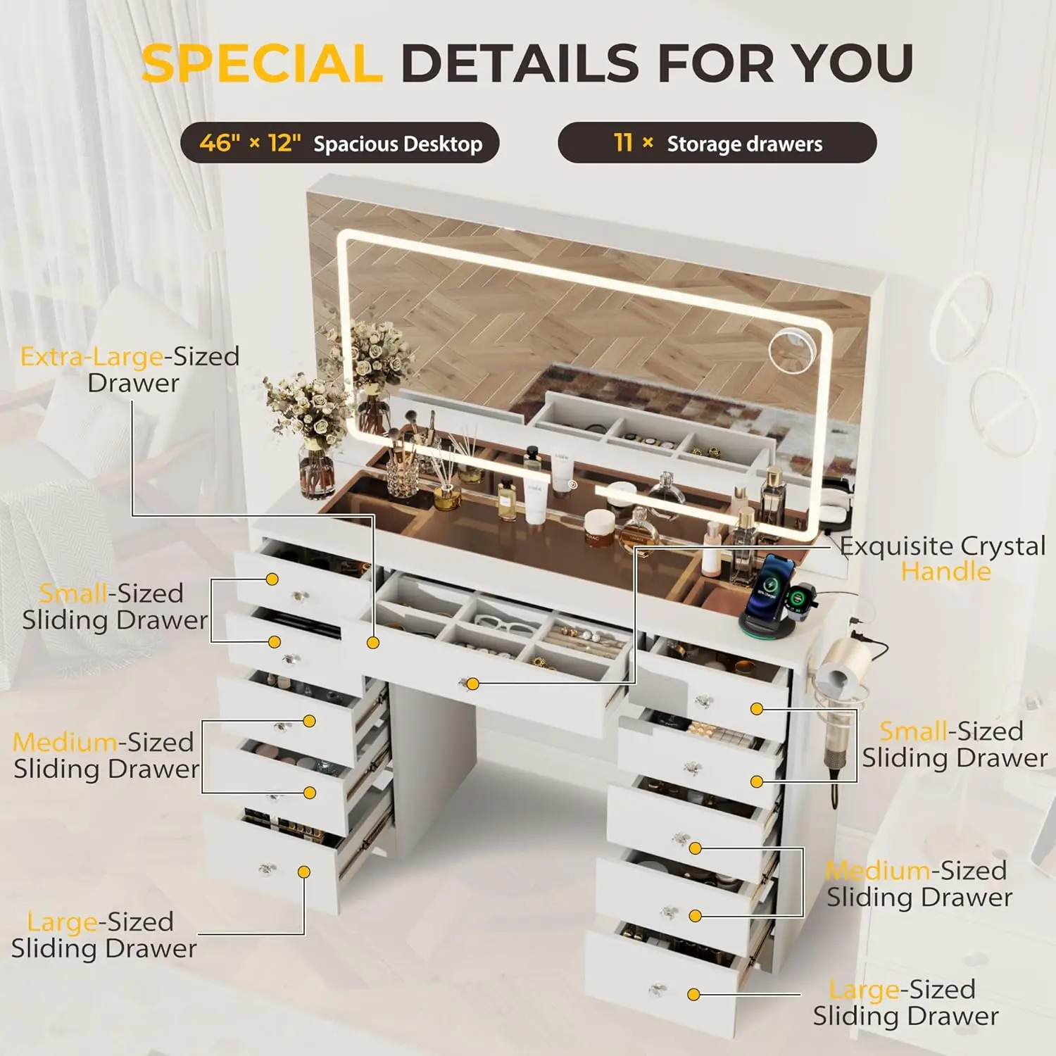 White Makeup Vanity for Bedroom, Glass Top, 11 Drawers, 3 Lighting Modes Adjustable Brightness view 2
