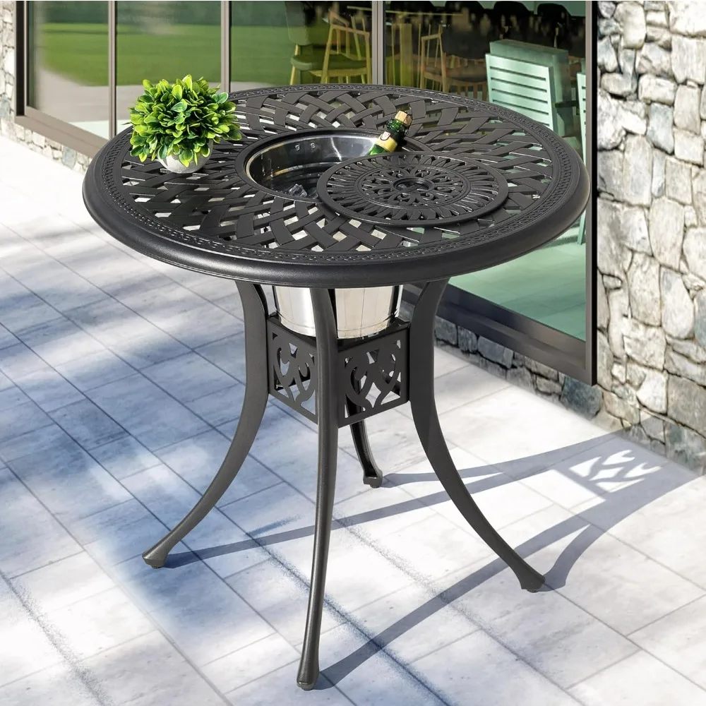 30 inch terrace dining table, cast aluminum round outdoor table with umbrella hole, used for terrace, backyard, deck black