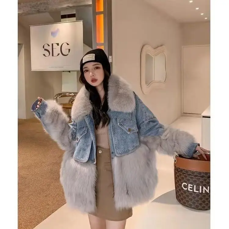 Fashion Denim Jacket Women Faux Fur Collar Jeans Coat 2024 New Winter Coat Female Thick Warm Parkas Hair Lining Outwear Y135