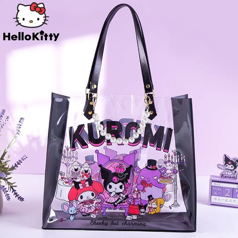 Sanrio Kuromi Fashion Transparent Totes Female Casual Aesthetic Cute Bags With Beading Chain Y2k New Shoulder Bag Women Handbags