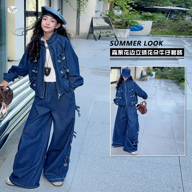 A.Girls' Spring and Autumn New High-End Three-Dimensional Flower Top Wide-Leg Pants Denim Two-Piece Set