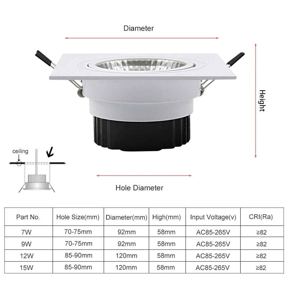 ساحة عكس الضوء راحة COB LED النازل ، LED ضوء السقف ، الإضاءة في الأماكن المغلقة ، الأضواء ، 7 واط ، 9 واط ، 12 واط ، 15 واط ، التيار المتناوب 85-265 فولت