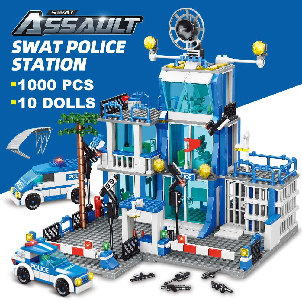 SWAT Police Station Military City Model Set Prison Car Policeman Boat Figures Model Building Blocks DIY Toy for Kids Boys Gift