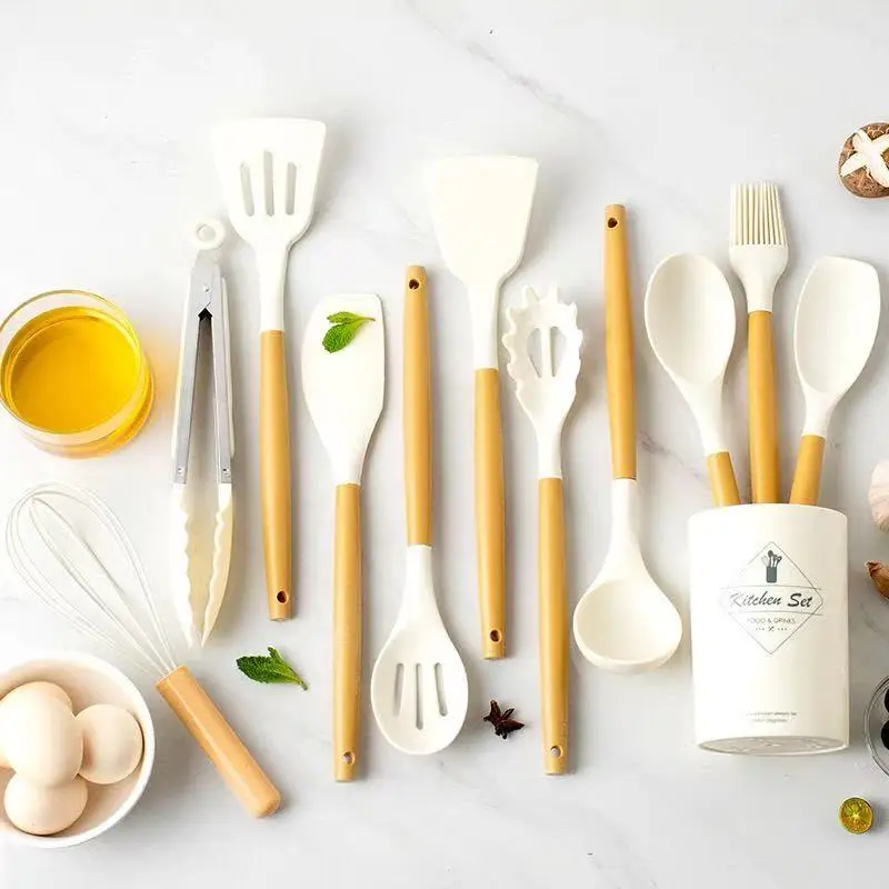 

Новый набор антипригарных кухонных ложек из 14 предметов с деревянными ручками, силиконовая посуда, термостойкий контейнер для хранения кухонных инструментов