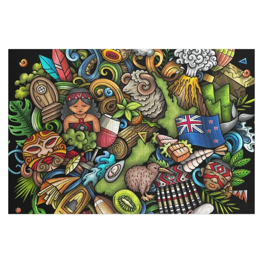 

New Zealand Symbols Mascots And Landmarks Doodles Jigsaw Puzzle Custom Wood Picture Works Of Art Wood Adults Puzzle