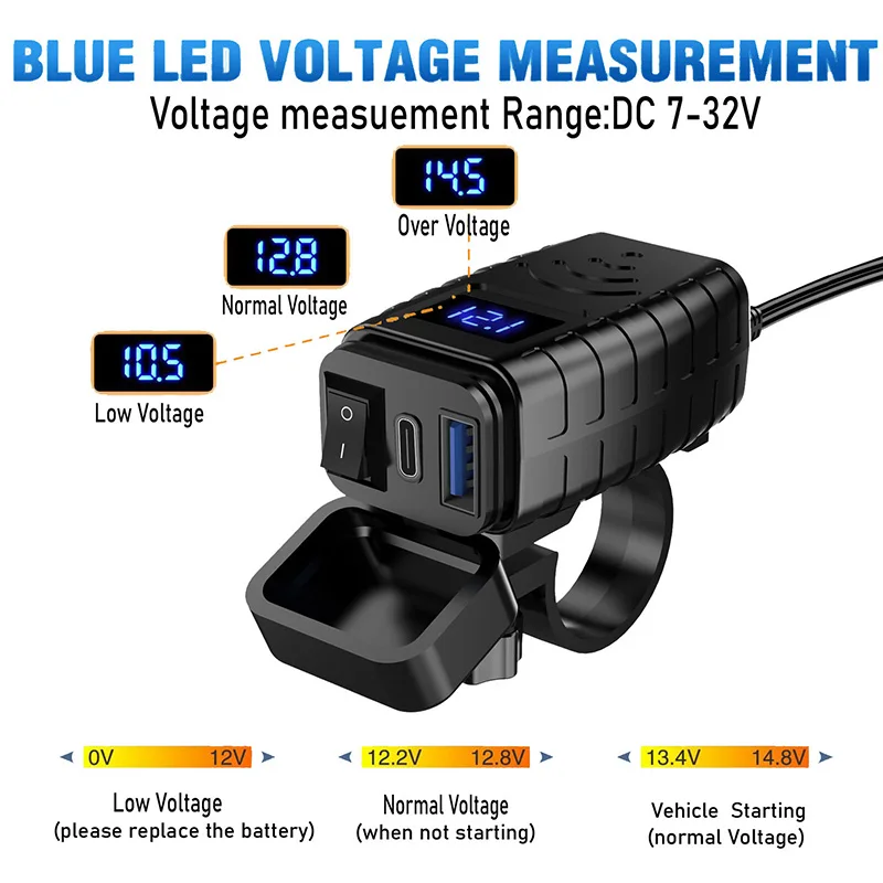 Motorcycle USB Phone Charger PD3.0 Qualcomm Fast Charging QC3.0 Digital Display Voltmeter Switch for Bikers