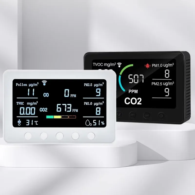 

Smart wifi air quality monitor multi-function 6 in 1 CO2, PM2.5 PM1.0 TVOC temperature and humidity smart home