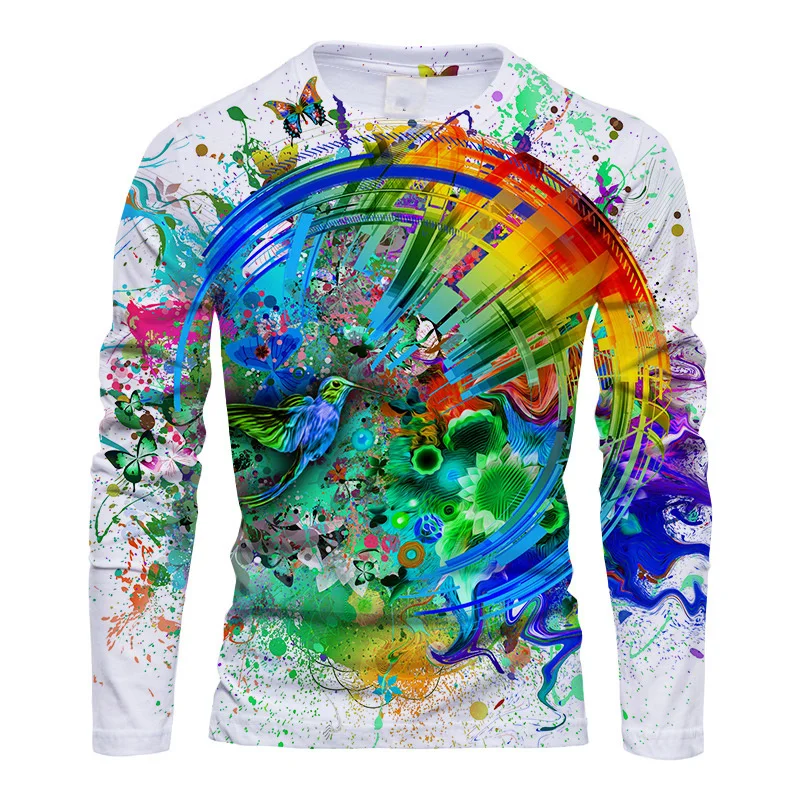 Colorful Graffiti Pattern T-Shirt For Men Fashion Bird 3D Printed T Shirts Autumn Casual Long Sleeves Loose O-Neck Tops Tees