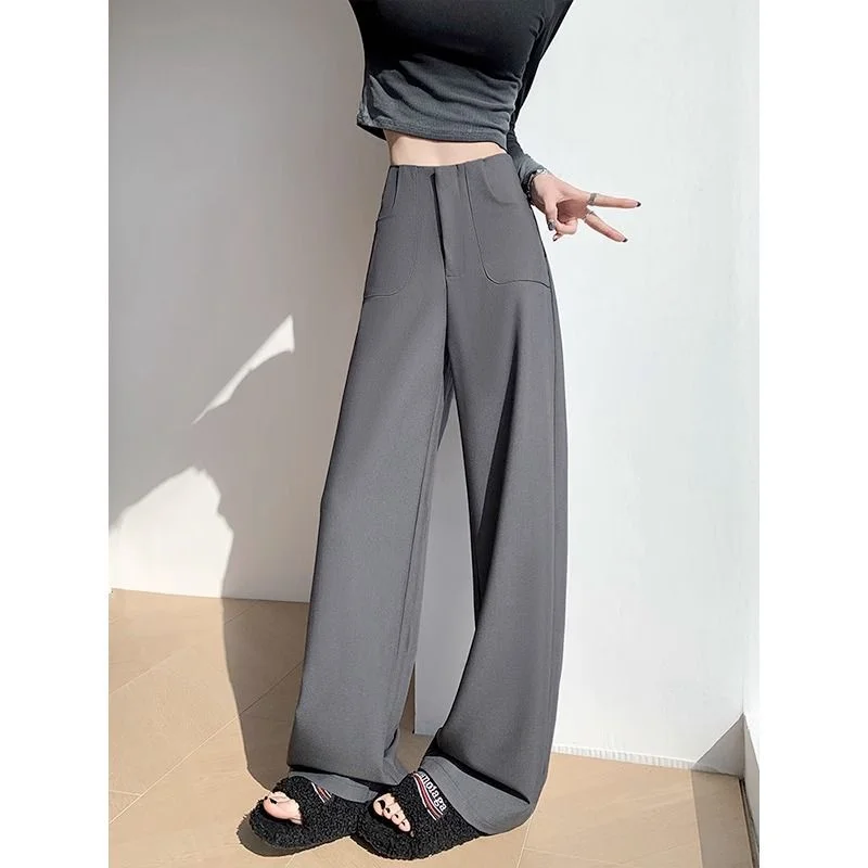 ブラックの高級レディーススーツ、ハイウエスト、2025年、流れるようなカジュアルなワイドレッグストレートドレスパンツ