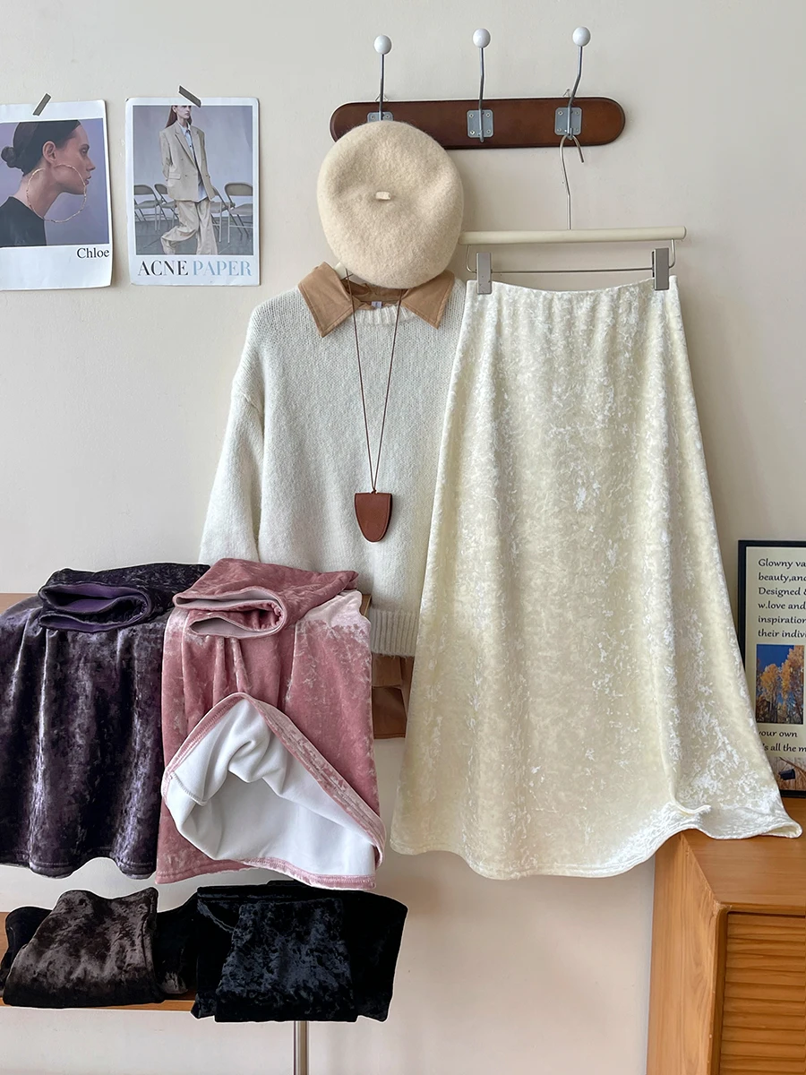 Women's Elegant Vintage Velvet Glossy Long Skirt Lady Spring Autumn Solid Color Elastic Waist Mermaid Skirt