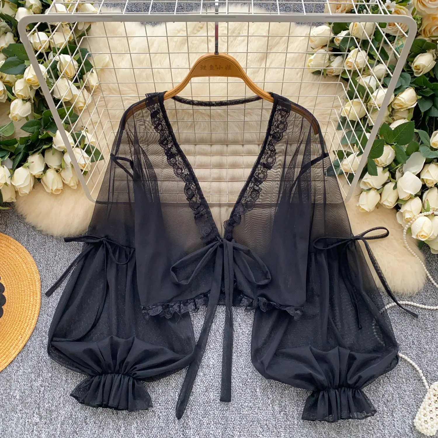 Summer New Chiffon Lace Jacket Sunscreen Cardigan With Cuspenders Ckirt Perspective Straps Shawl Versatile Blouse Short Shawl