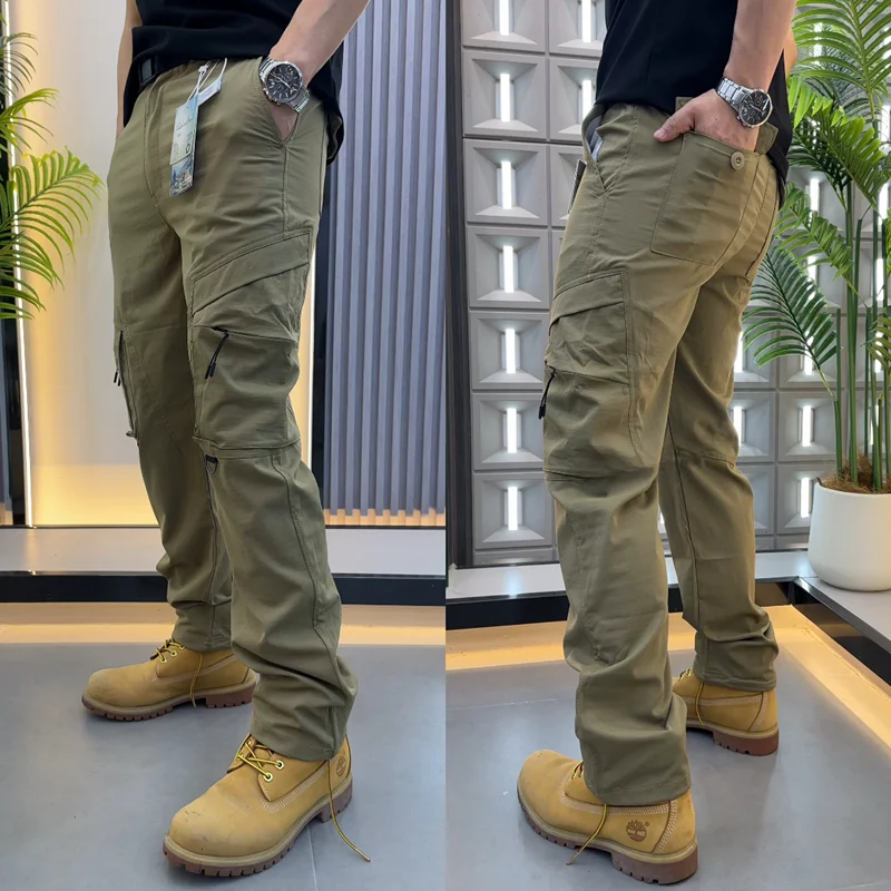 Outdoor Workwear Men's Lightweight Breathable Elastic Casual Pants Summer Straight Leg Polyester Fiber Pure Color Multi-Pocket