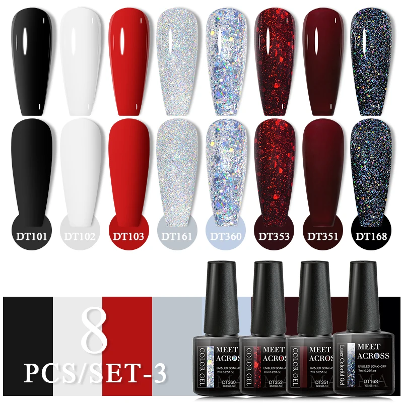 MEET ACROSS 6/8Pcs Set Glitter Gel Nail Polish Autumn Winter Nail Art Varnishes Semi Permanent Soak Off UV Gel Kit Nails Lacquer