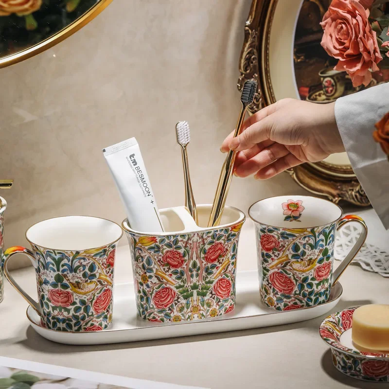 Ceramic toiletries set  household couple mouthwash cup  toothbrush cup combination tray  mousse sparkling bottle bathroom set