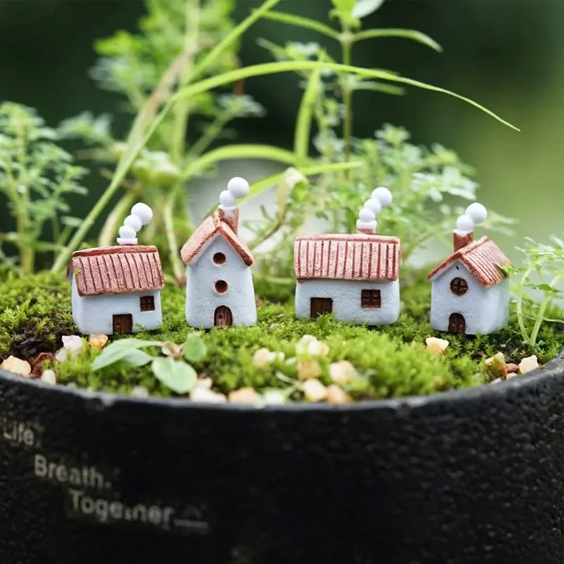 yZ[zSet of 4 Pcs Mini Resin House Miniatures, Terrarium Figurines, Fairy Garden Micro Landscape Crafts DIY Decoration Supplies