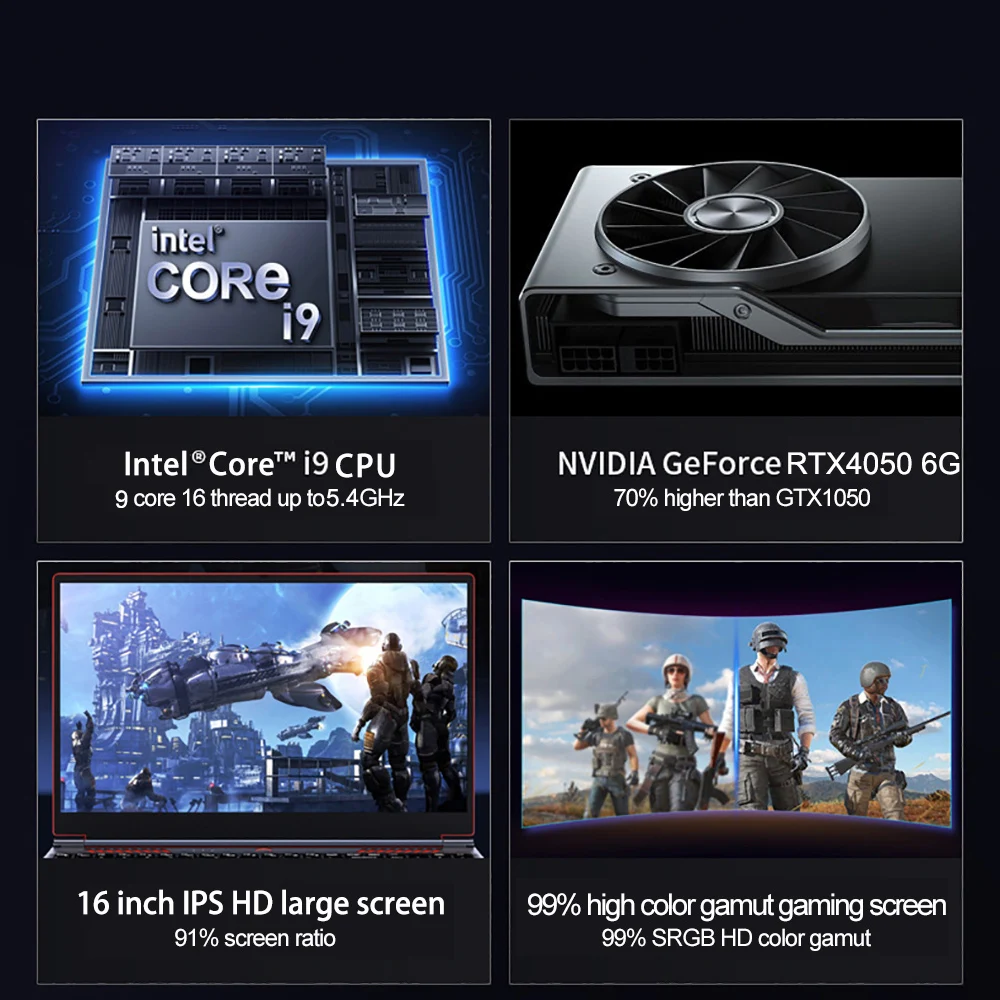 Notebook da gioco portatile da 16,1 pollici RTX4050 6G Intel Core i9-13900HK Windows11 RAM Max 64 GB 2 TB SSD DDR5 2 * M.2 WiFi Notebook da ufficio