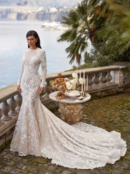 Lindo vestidos de casamento requintado vestidos de noiva rendas apliques mangas completas sem costas robes 2025 vestidos de novia personalizado