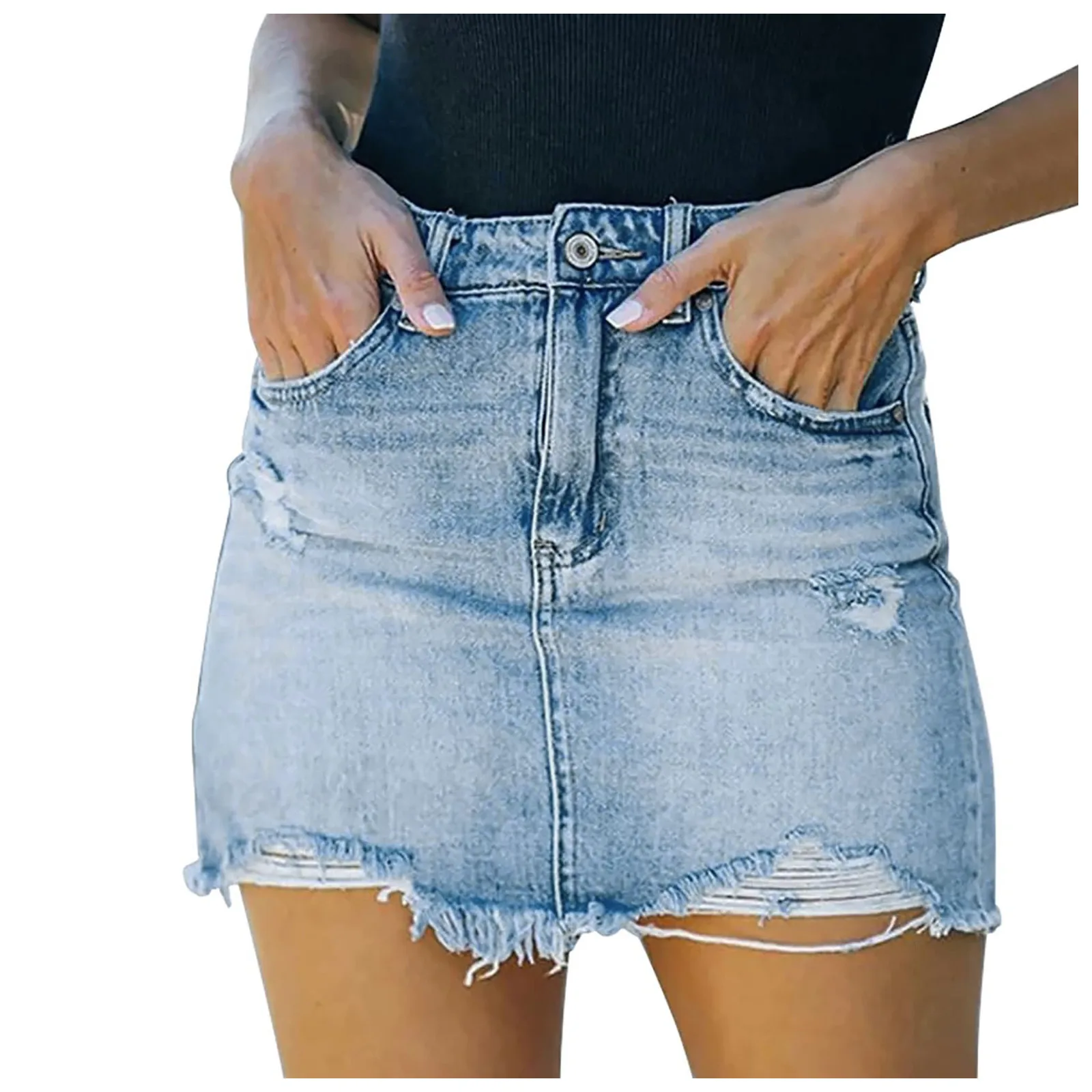 Women Denim Skirt Summer High Waist A Line Mini Skirts Korean Fashion Holes Ripped Short Jeans Skirt Streetwear Faldas Mujer