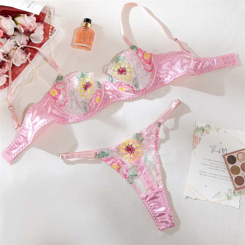 

Floral Embroidery Underwear For Women Ultra-thin Bra Set Sexy Girl Satin Lingerie Transparent Fancy Underwear Intimate Outfits