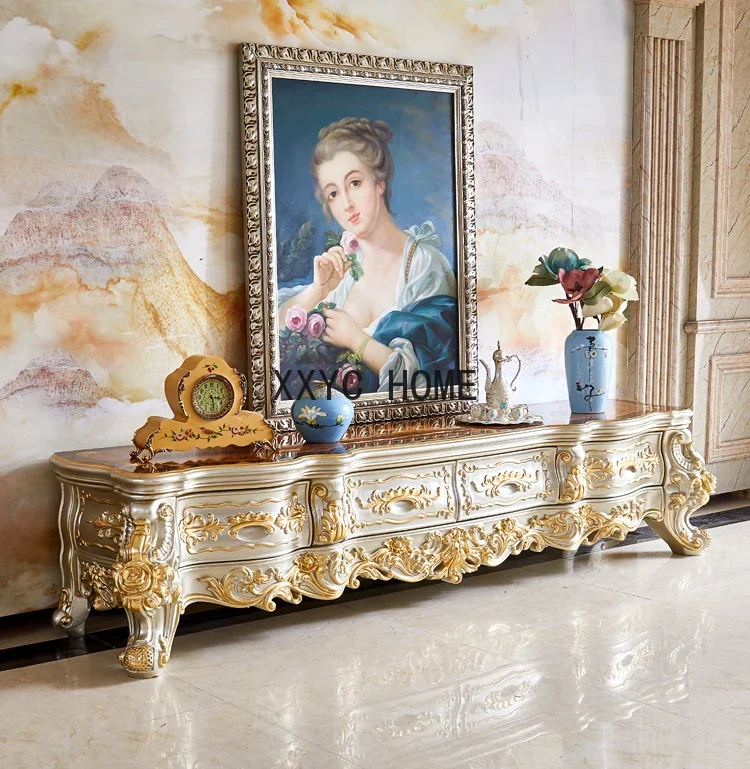 

European solid wood Villa 1.9m Jade gold gilding living room coffee table coffee table floor cabinet