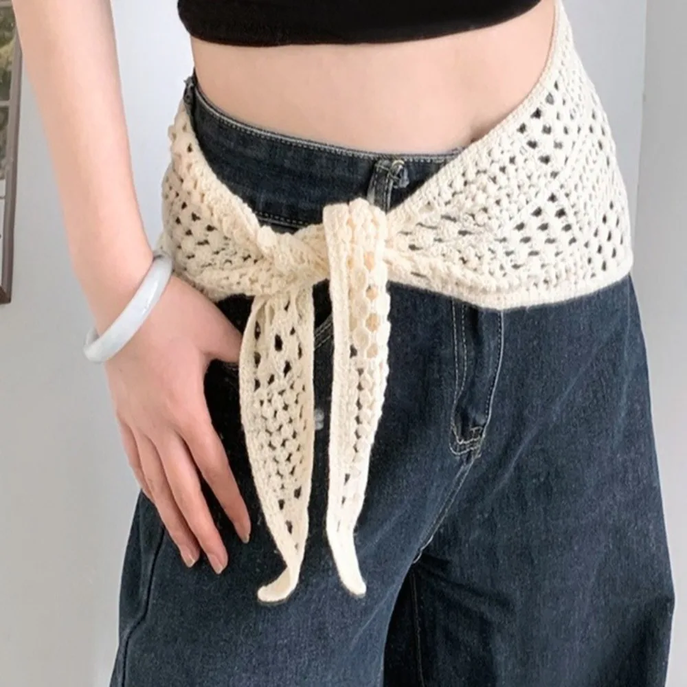 Simple Hollow ถักผ้าพันคอสามเหลี่ยม Balletcore Shawl ผ้ากันเปื้อน Wrap Y2k Tie สายรัดผ้าพันคอสะโพกฤดูร้อน
