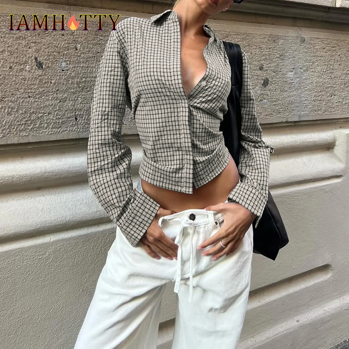 

IAMHOTTY Back Tie-up Bow Checkerboard Shirt Women's Fall Spring Single-breasted Turn-down Collar Blouses Ladies Retro Plaid Tops