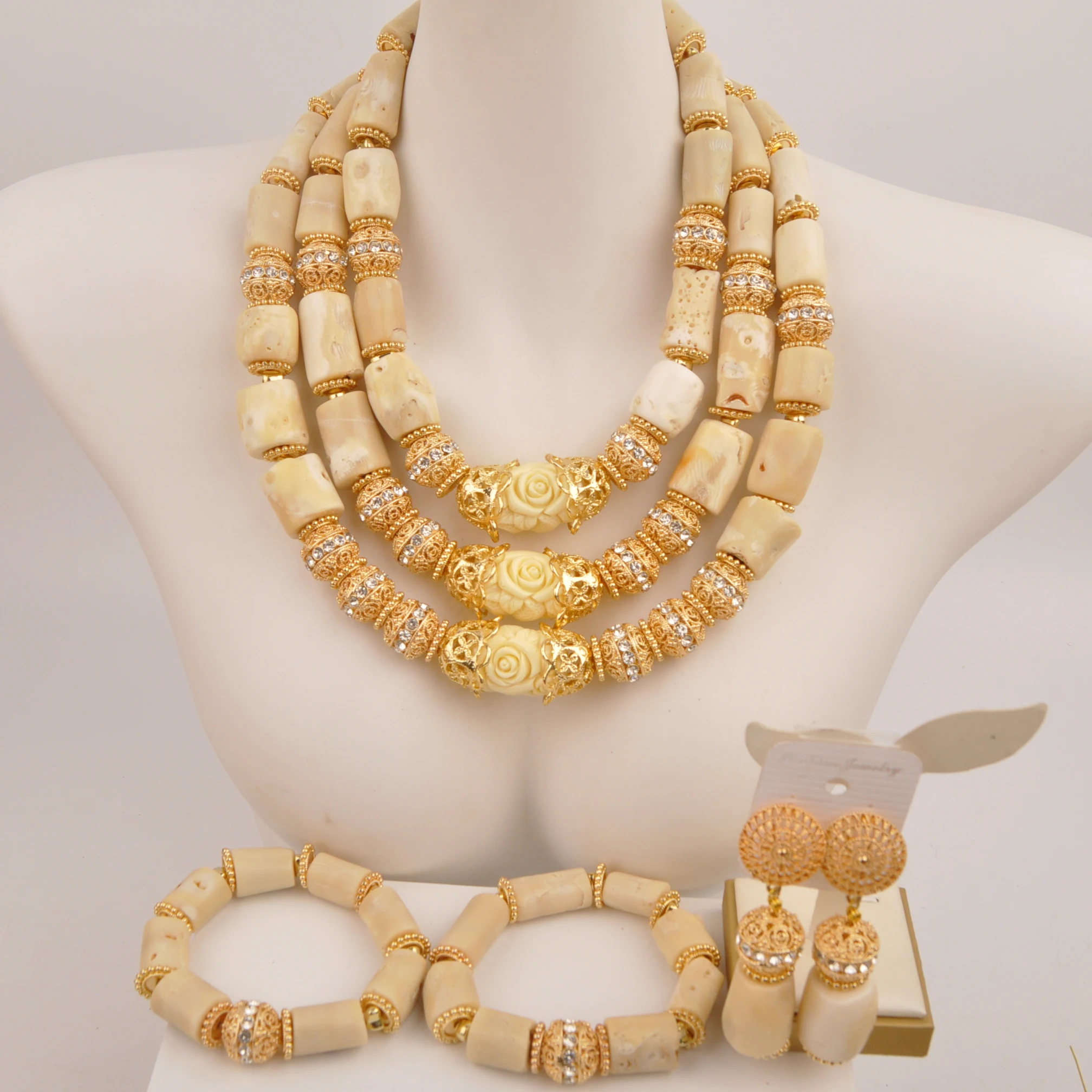 Fashion African Jewelry Set 18inches 3Layers Real White Coral Bead Jewelry Set