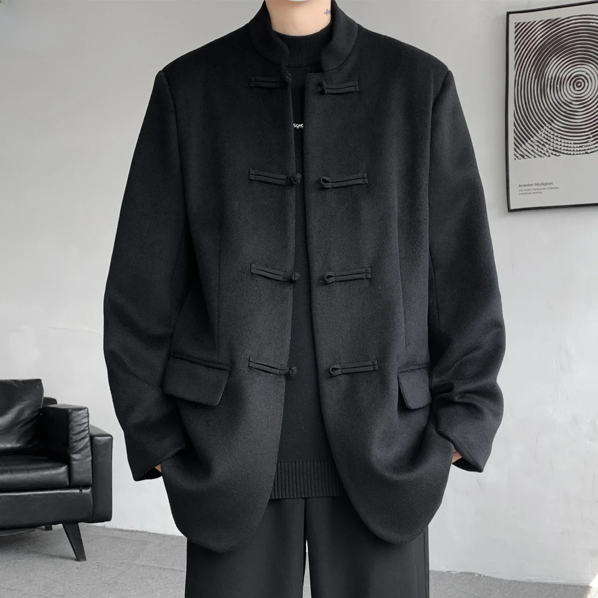 

Loose Fit Men's Woolen Jaet with Button Design in plus Size Chinese National Sle Autumn Faion Outerwear for Heavy People