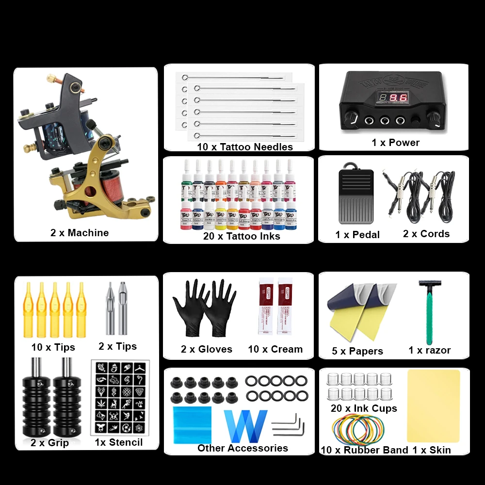 Complete Tattoo Machine Kit Liner Shader Coils Tattoo Machine Power Supply Needles Accessories Set Beginner Tattoo Kit