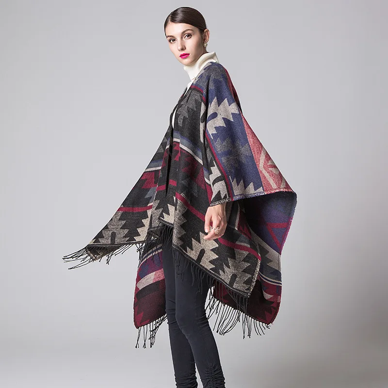 Autumn Winter Indian Geometric Diamond Lengthened Thickened Cashmere Imitation National Style Travel Fork Cape Ponchos Capes