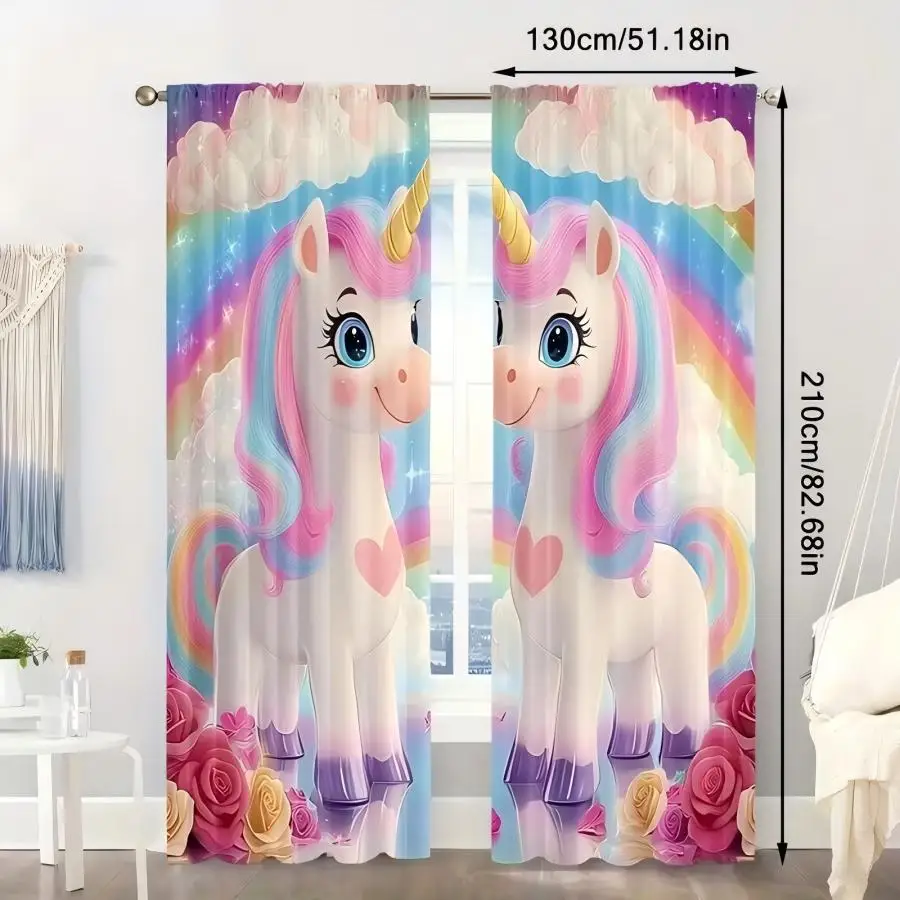 2PCS Digital Print Curtain, Rose Unicorn Fantasy Floral Magic, Romantic Whimsical for Living Room Bedroom Kitchen Decor