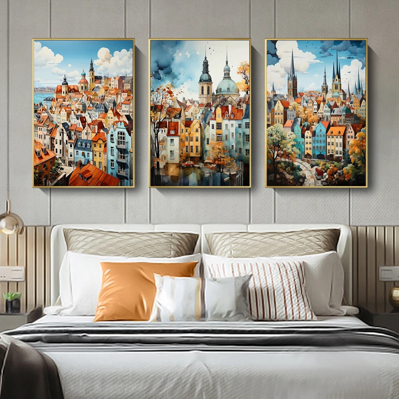 

City Watercolor Artwork City Street Travel Poster Printed Canvas Painting Wall Art Living Room Home Decoration Canvas Painting