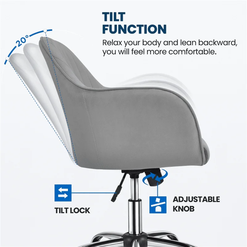 Cadeira ergonômica moderna de veludo, Cadeira para casa, Cadeiras para conferência de computador, Cinza claro