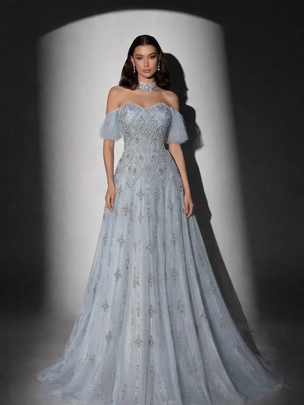 Aunber Customized Luxury Gray Blue Beaded A-Line Evening Prom Dresses with Necklace Dreamy Formal Party Gowns image 2