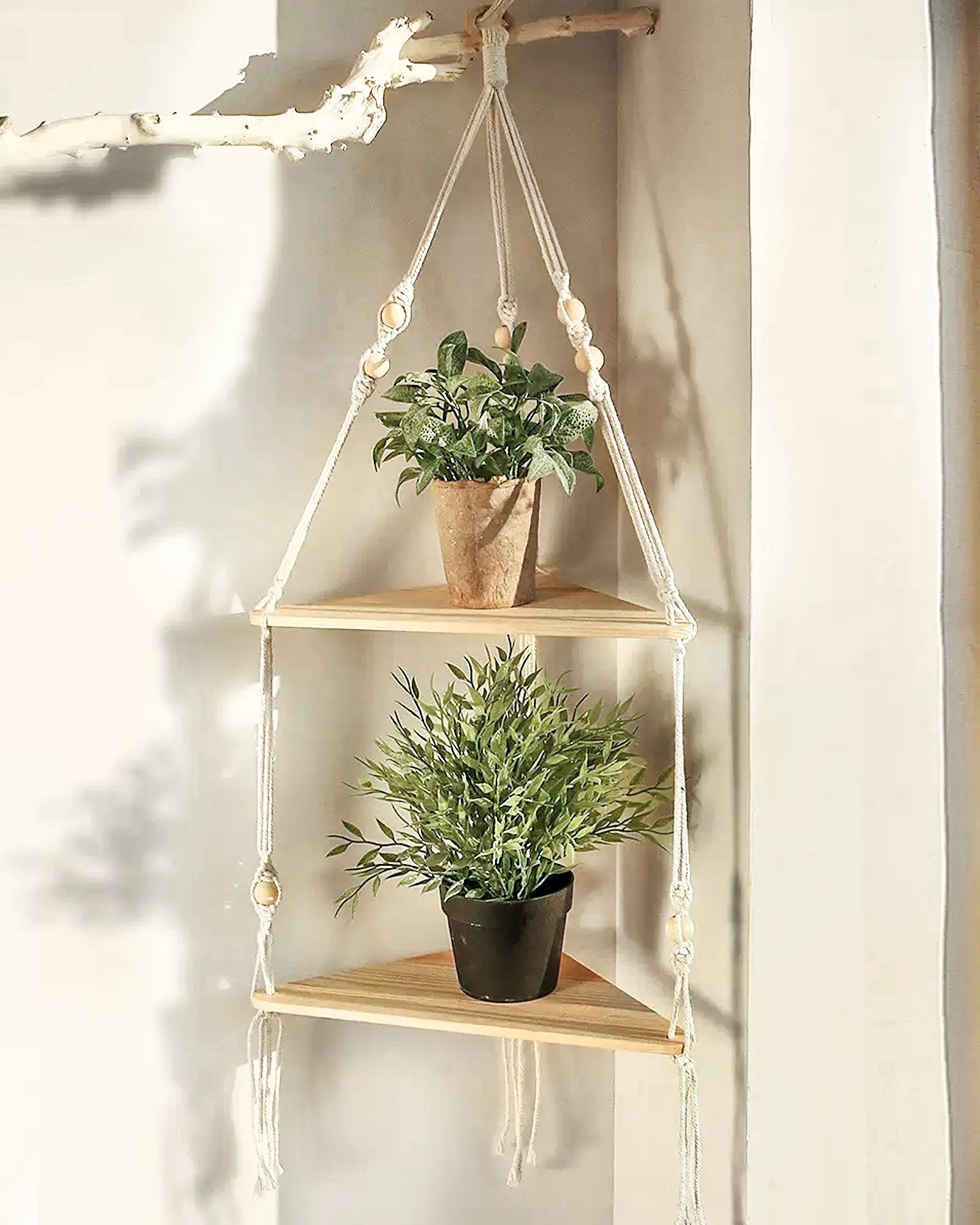 Bamworld ركن النبات الجرف داخلي جدار حامل النبات بوهو النبات حامل الخشب اليدوية المنسوجة حامل أرفف معلق ديكور غرفة المعيشة