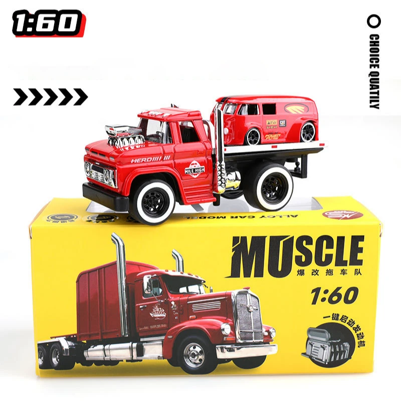 1:60 Alloy Truck Flatbed Transport Car Vehicles Model Diecasts Metal Muscle Trailer Car Rescue Vehicles Model Childrens Toy Gift