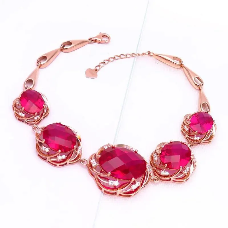 

585 Purple Gold Plated 14K Rose Gold Inlaid Crystal Ruby Flower Bracelet for Women New Luxury Exquisite Wedding Jewelry Gift