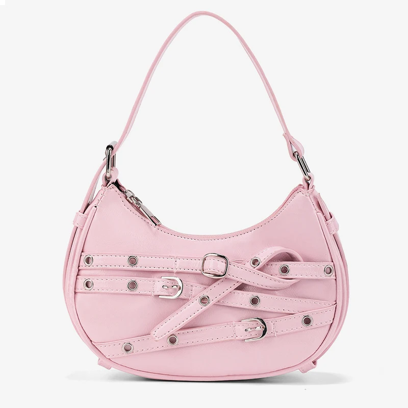 

Fashion Belts Deco Halfmoon Women Shoulder Bags Punk Pink Color Handbags Pu Leather Y2K Crossbody Bag Small Female Purses 2024