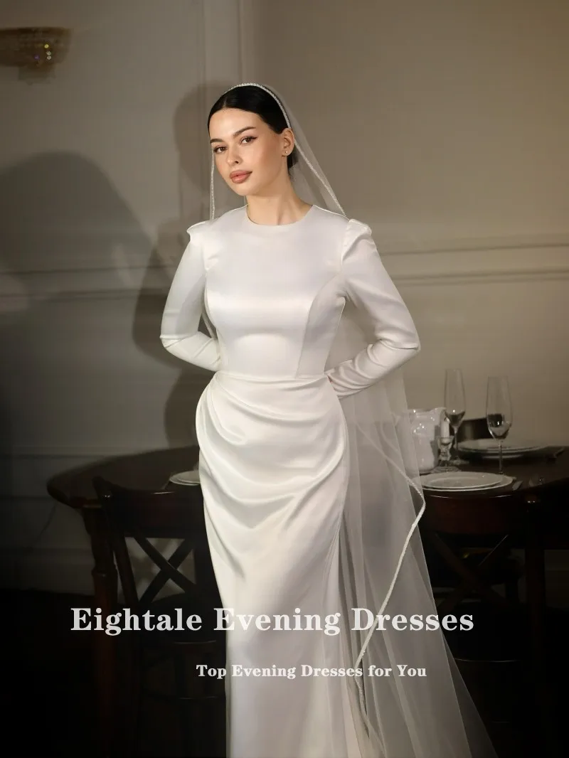 

Eightale Arabic Wedding Dress O-Neck Customized Ivory Satin Long Sleeves Muslim Bridal Gown Mermaid Bride Party Dress