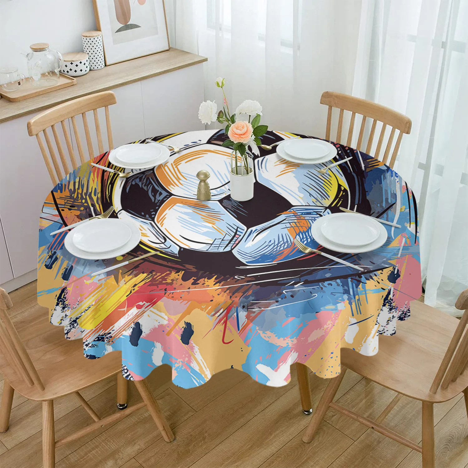 Sports Football Simple Hand Drawn Round Tablecloth Waterproof Wedding Party Table Cover Xmas Dining Table Tablecloth