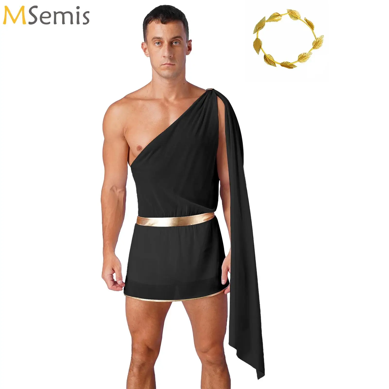 

Men's Ancient Greek God Costume Cosplay One Shoulder Skirted Bodysuit+Headwear Set Halloween Party Theatrical Performance Outfit