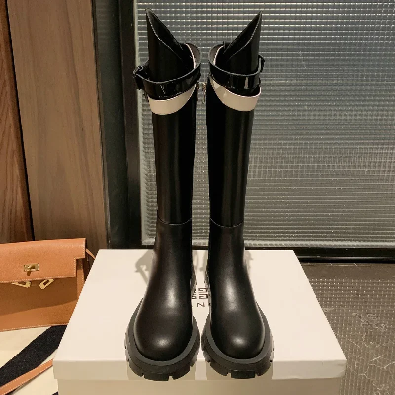 

2024 New Leather Round-headed High Diagonal Skinny Legs Black Thick-soled Boots Female Jockey Straps and Knee Boots Shoes