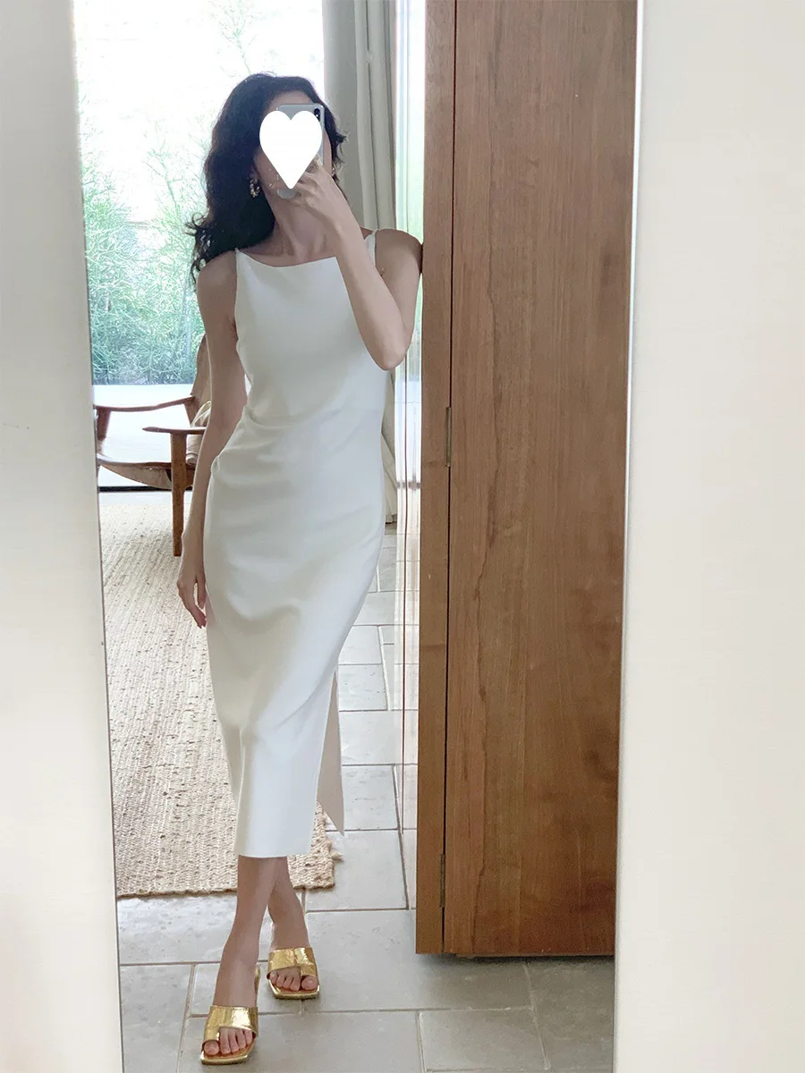 Beautiful One-word Collar Waist Slit Dress Femininity Suspender Skirt 2025