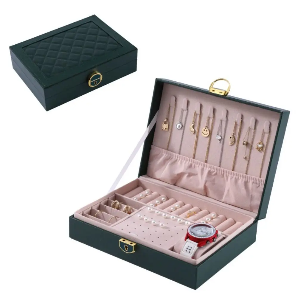 

Кожаная двухслойная шкатулка для драгоценностей, запираемая минималистичная коробка для хранения, портативная косметичка большой емкости, женская принцесса